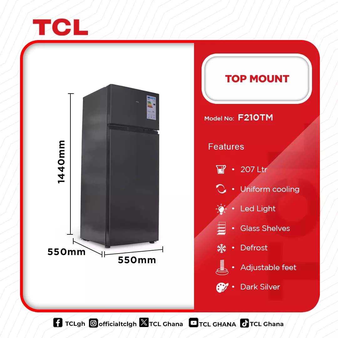 Tcl Top Mount Fridge 207ltrs F210tm