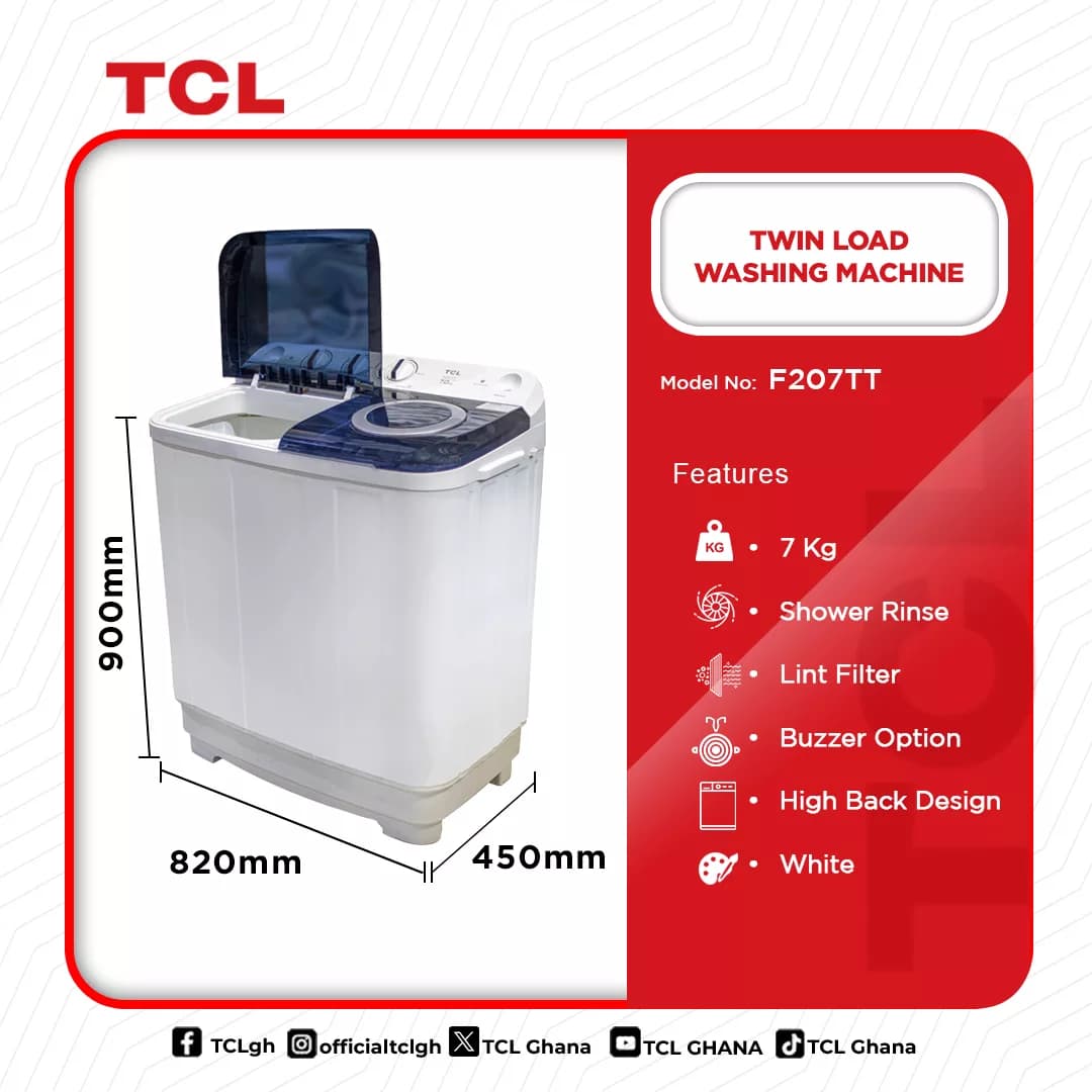 Tcl Twin Top Washing Machine 7kg F207tt
