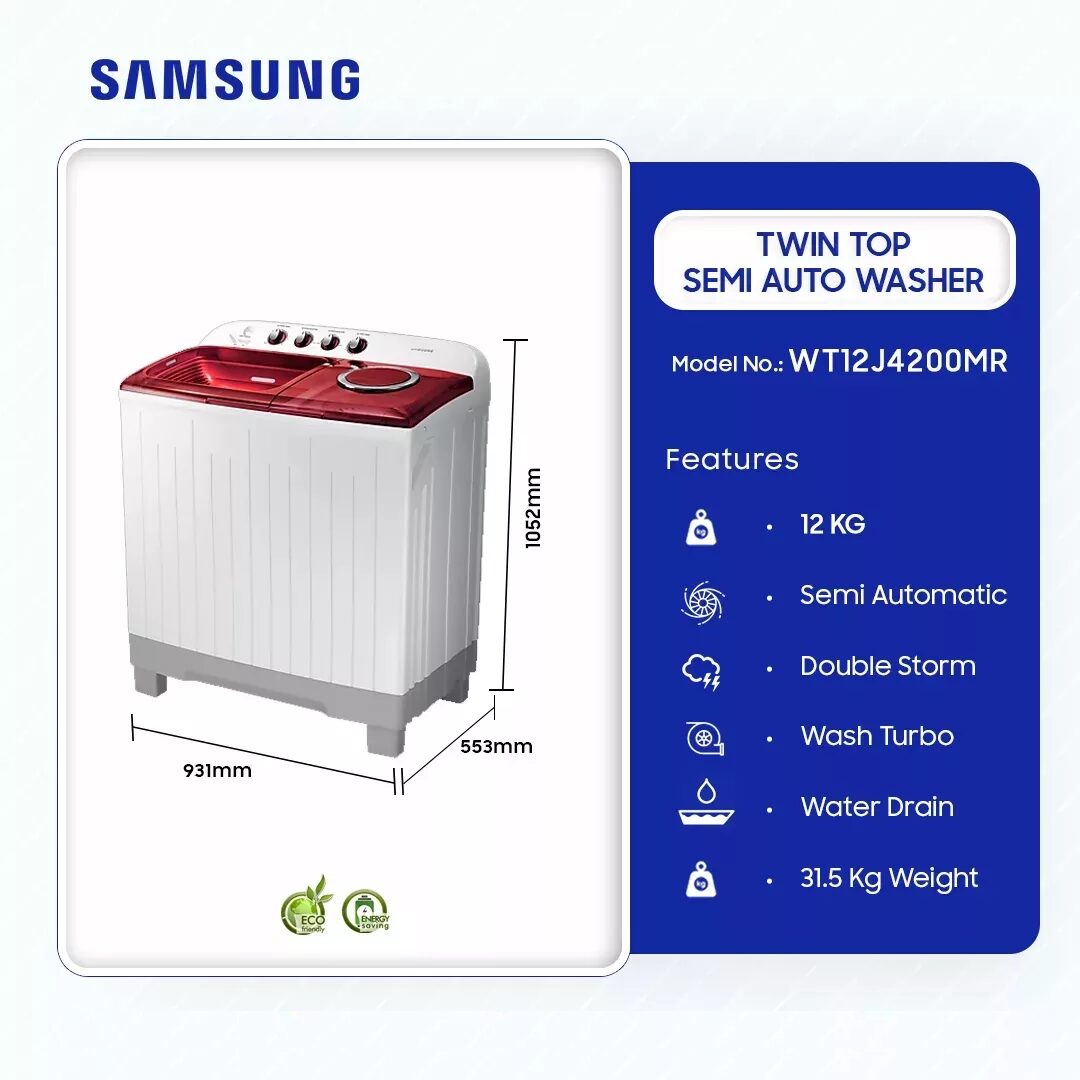Samsung 12kg Twin Top Semi Auto Washer Washing Machine Wt12j4200mr