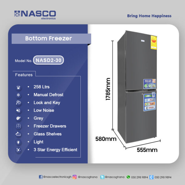 Nasco 229ltr Bottom Freezer Refrigerator Nasd2-30