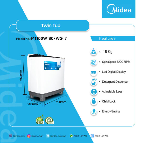 Midea 18KG Twin Top Washing Machine MT100W180/WG-7