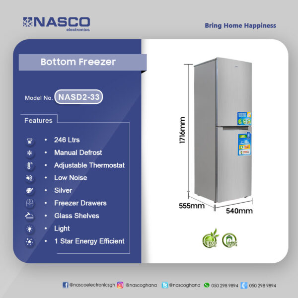 Nasco 246Ltrs Bottom Freezer Refrigerator NASD2-33