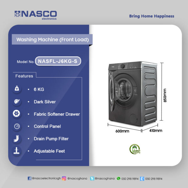 Nasco 6Kg Front Load Wahing Machine NASFL-J6KG-S
