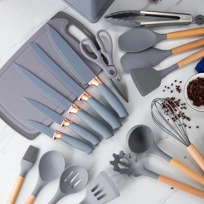 19PCS Silicone Utensil Set With Chopping Board Storage Bucket