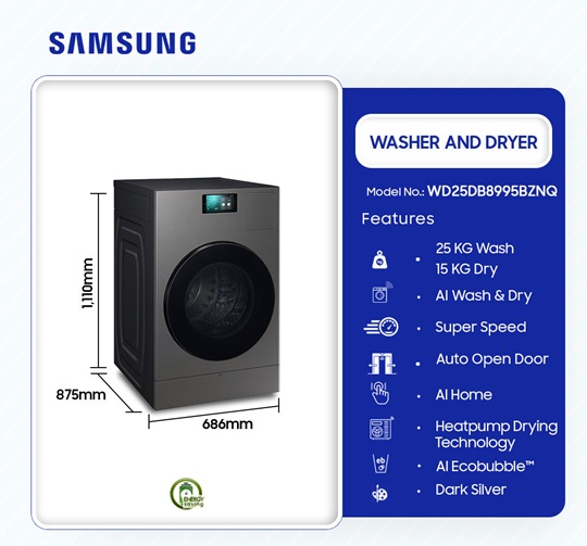 Samsung 25KG Washer And 15KG Dry Bespoke AI Washing Machine Combo WD25DB8995BZNQ