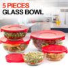 5 Pcs Glass Bowl Set With Plastic Lids Food Storage Serving - Microwave Safe