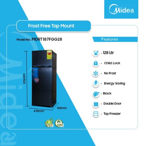 Midea 128ltr Double Door Top Mount Fridge Mdrt187fgg28