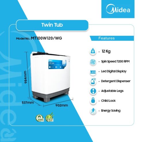 Midea 12kg Twin Tub Washing Machine Mt100w120/Wg