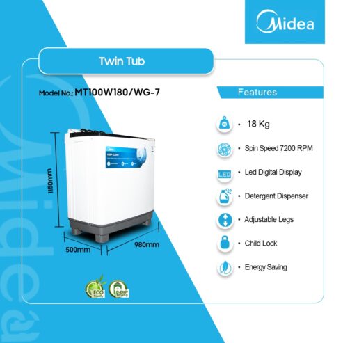 Midea 18kg Twin Tub Washing Machine Mt100w180/Wg 7