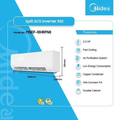 Midea 2.0hp Split Ac R32 Inverter Msep 5 Stars Msep18hrfn8