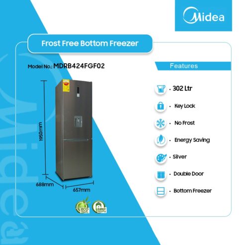 Midea 302ltr Double Door Bottom Freezer 4 Stars Mdrb424fgf02