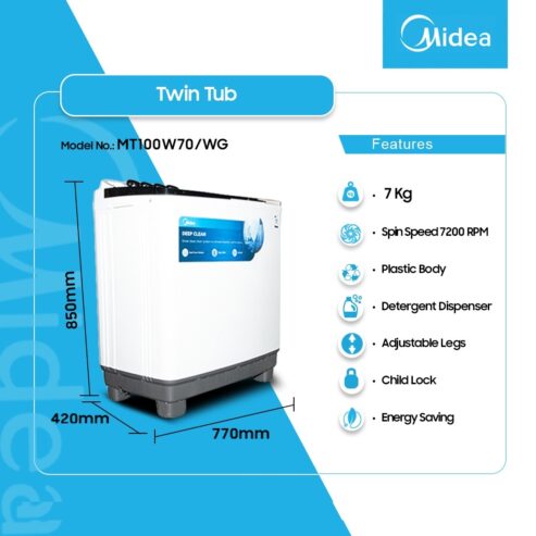 Midea 7kg Twin Top Washing Machine Mt100w70/Wg