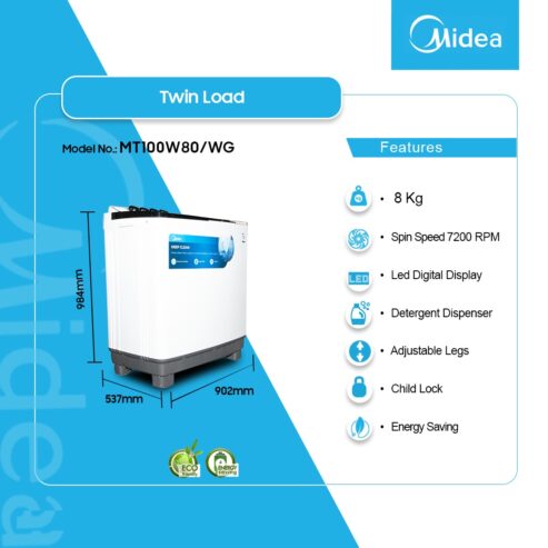 Midea 8kg Twin Tub Washing Machine Mt100w80/Wg