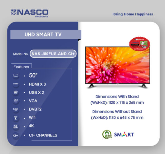 Nasco 50″ Uhd 4k Digital Satellite Smart Tv Nas J50fus And Ci+