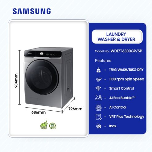 Samsung 17kg Washer And 10kg Dryer Washing Machine Wd17t6300gp/Sp