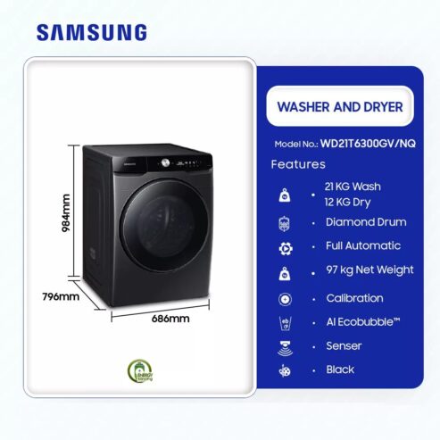 Samsung 21kg Washer & 12kg Dryer Washing Machine Wd21t6300gv/Nq