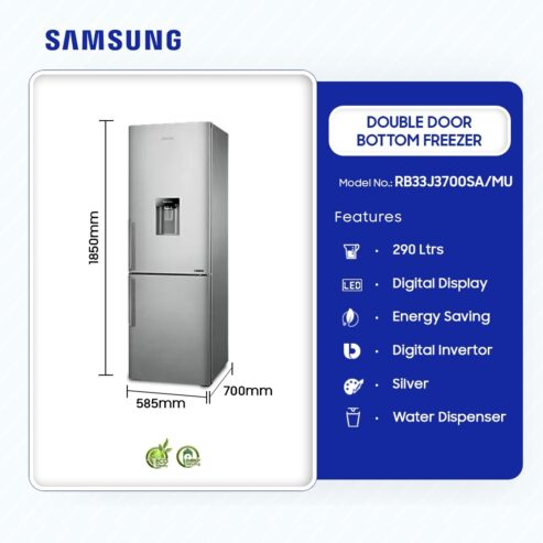 Samsung 290ltr Double Door Bottom Freezer Refrigerator With Water Dispenser Rb33j3700sa/Mu