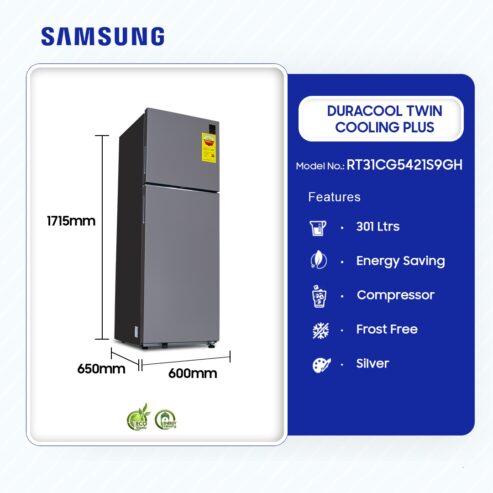 Samsung 301ltr Duracool Twin Cooling Plus Refrigerator Silver Rt31cg5421s9gh