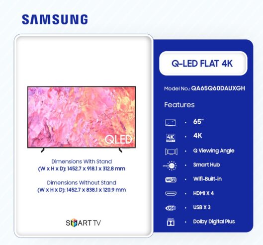 Samsung 65″ Inch QLed Flat 4k Television Qa65q60dauxgh