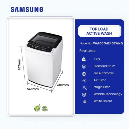 Samsung 8kg Top Load Active Washing Machine Wa80cg4240bwnq