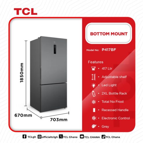 Tcl Bottom Mount Refrigerator 417ltrs P417bf