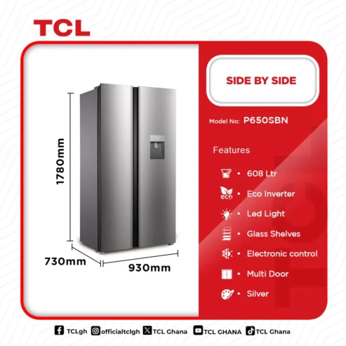 Tcl Side By Side Refrigerator 608ltrs P650sbn