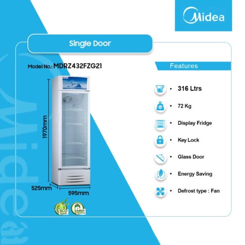 Midea 316ltr Single Door Display Fridge Mdrz432fzg21