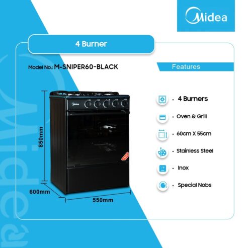Midea 4 Burner Gas Cooker M Sniper60 Black in Ghana