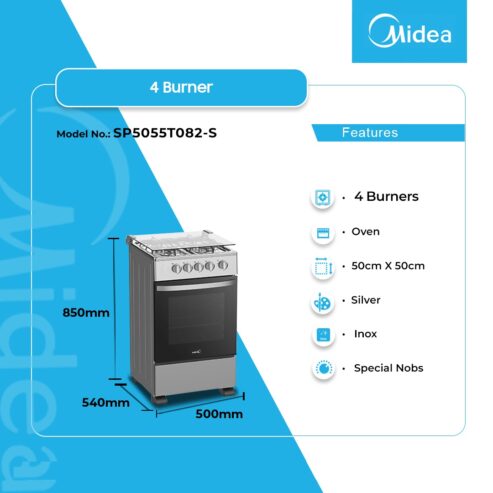 Midea 4 Burner Gas Cooker Silver Mirror Sp5055t082 S