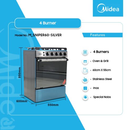 Midea 4 Burner Gas Cooker Sniper Model M_Sniper60 Silver