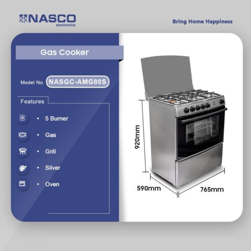 Nasco 5 Burner Gas Cooker With Oven & Grill Nasgc Amg80s
