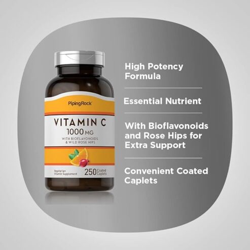PipingRock Vitamin C 1000 Mg + Bioflavonoids + Rose Hips – 250 Caplet